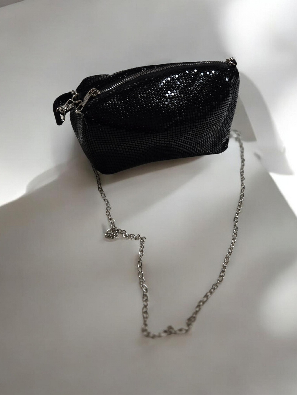 Black Sequin Crossbody Bag with Silver Chain NWOT